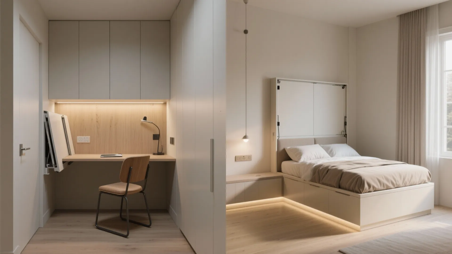 Small apartment design showing a functional home office desk next to a cozy folded bed