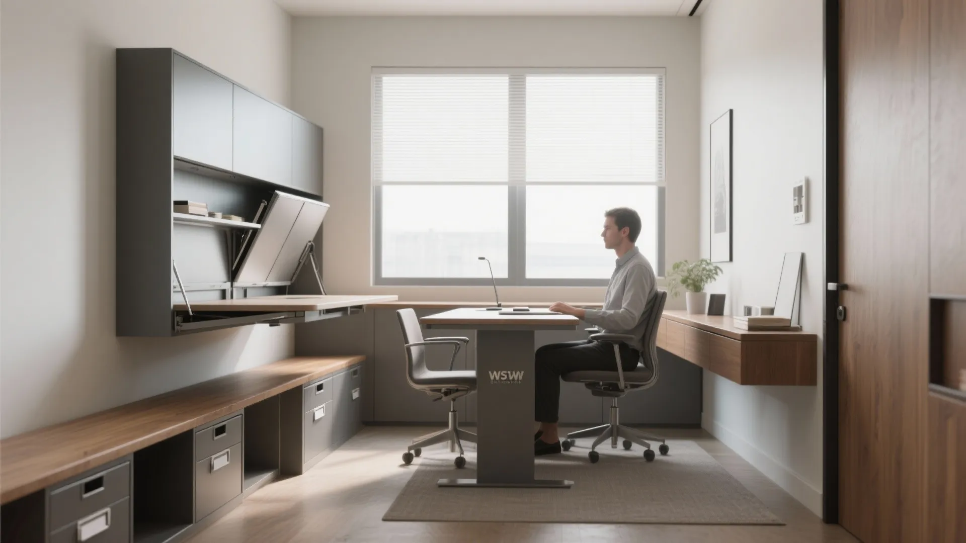 Small office with a murphy desk used as a dining ledge and a bench with hidden filing drawers, shown in soft daylight.