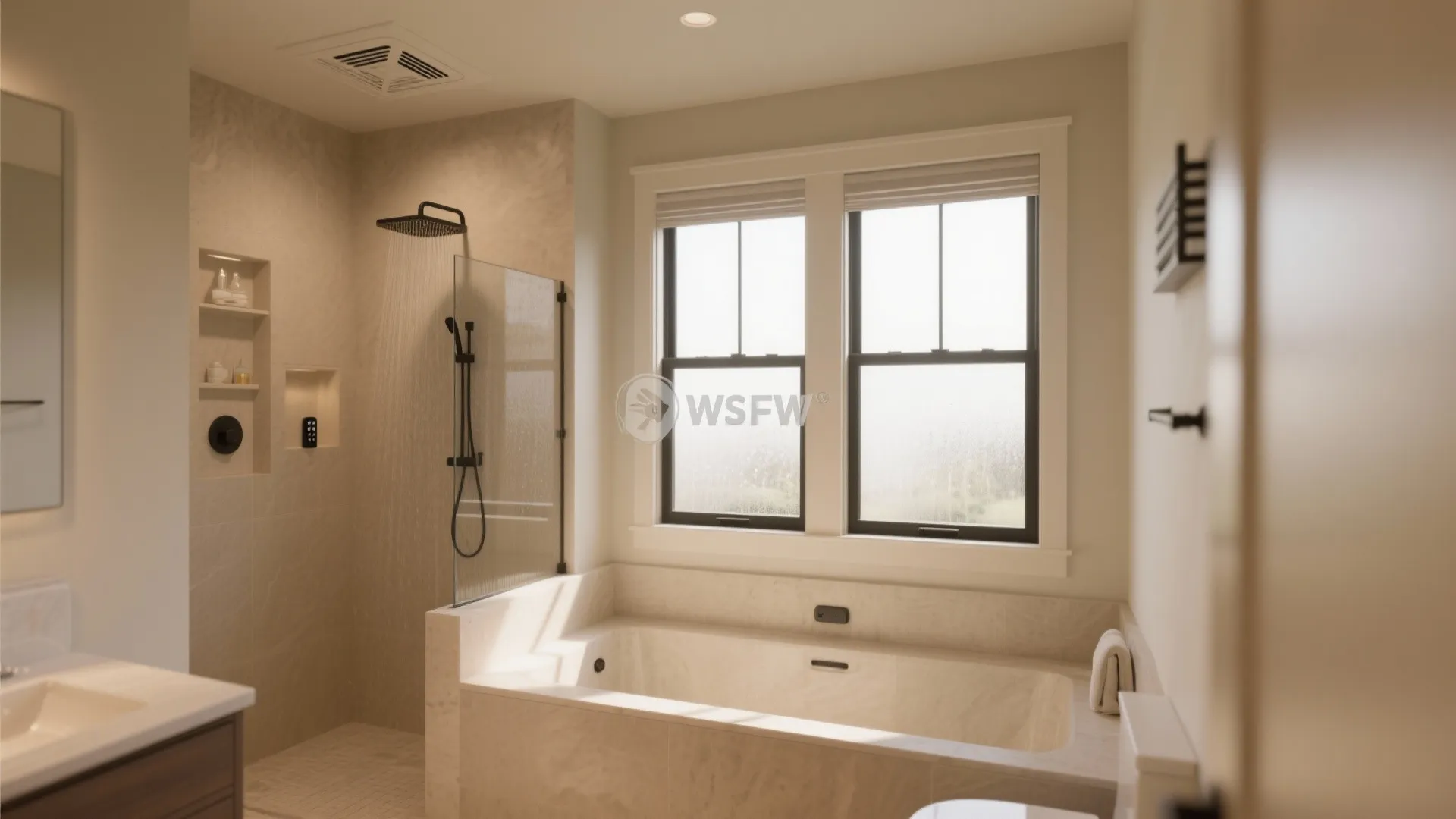 Modern beige bathroom featuring a bathtub under two windows with a shower and black fixtures