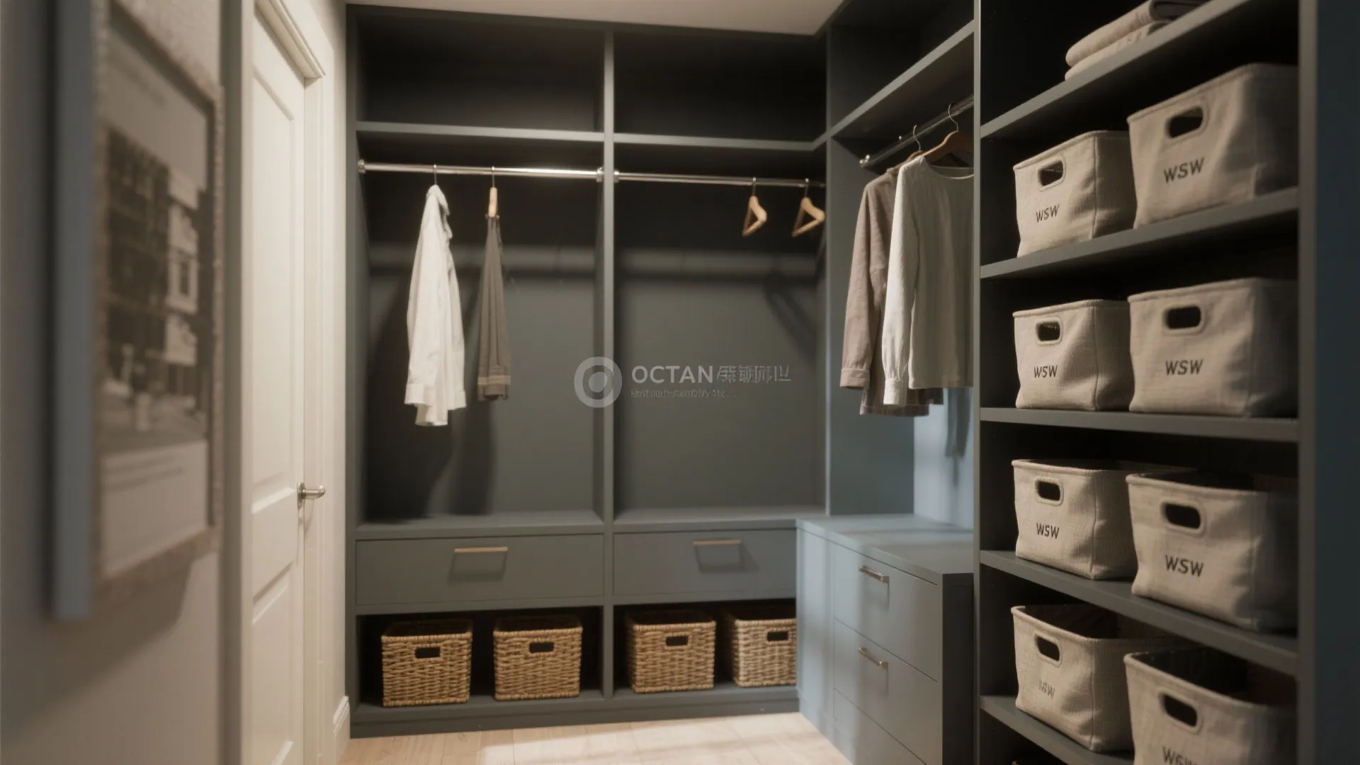 2. Dual-height hanging + open shelving