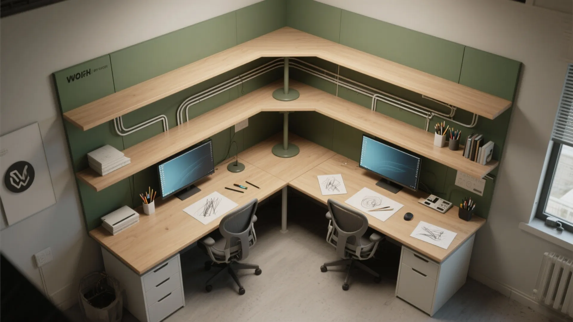 Corner office room layout with green wall panels wood desks two computers and many wall shelves
