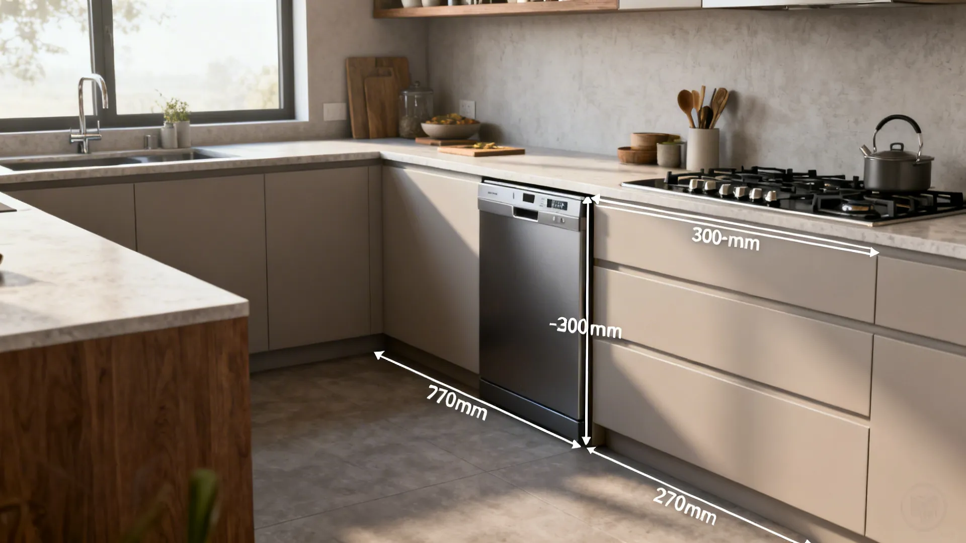 Comparison of a U-shaped kitchen with single-height counters versus ergonomic dual-height zones.