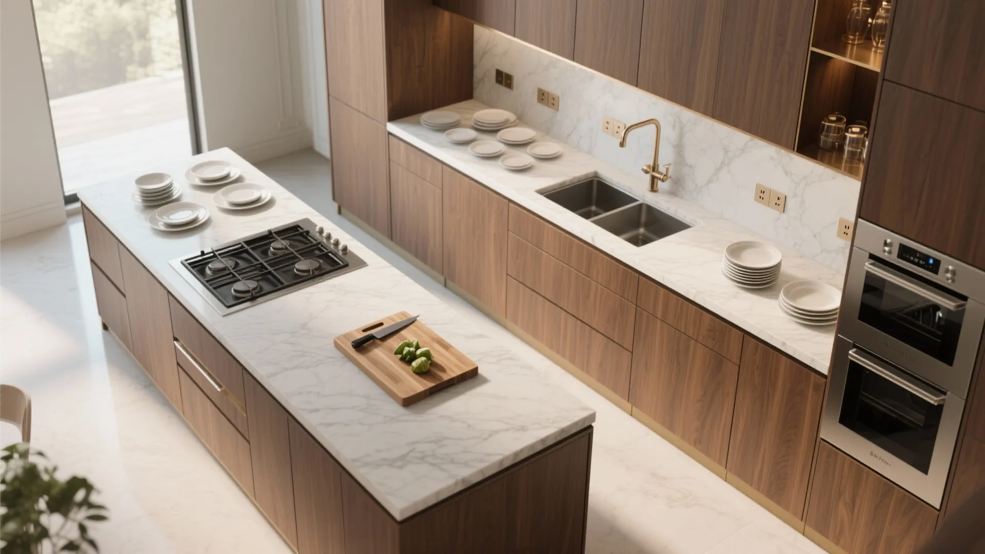 Kitchen island with stove and cutting board next to wood cabinets with sink and oven built