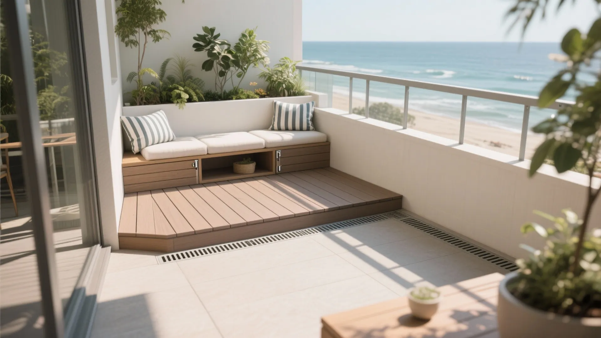 Dual-height decking and hidden storage bench