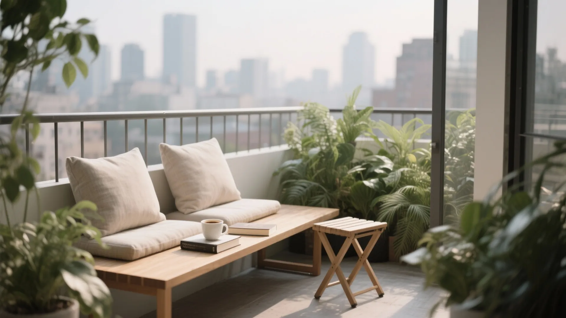 4) Dual-height seating: bench + stool for layered shots