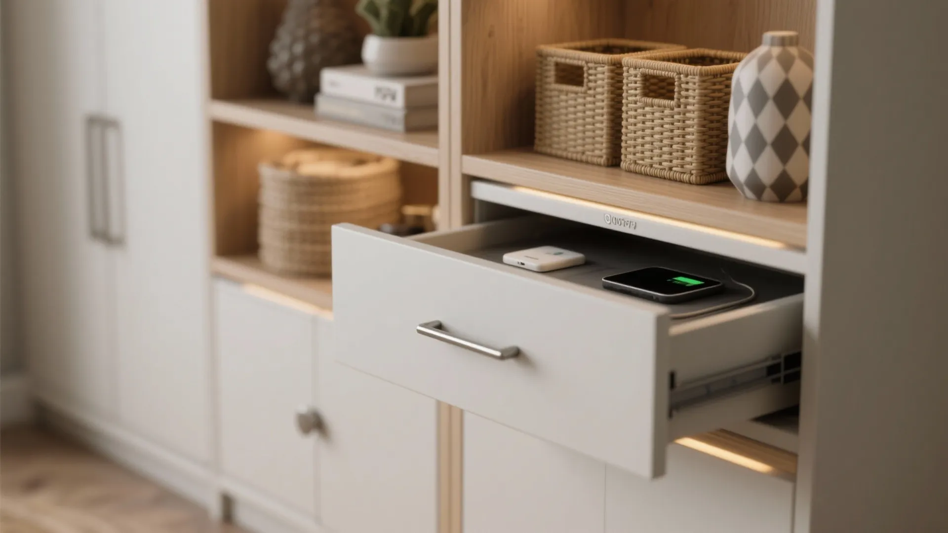 Close-up of open shelves next to a concealed drawer with a hidden charging station, showing textures and organized storage.