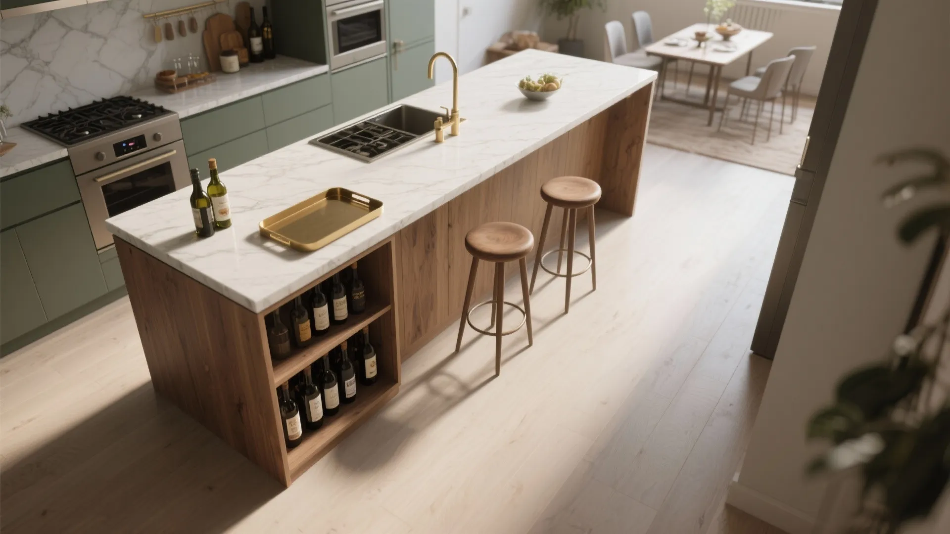 Modern kitchen island with marble top green cabinets wooden stools wine storage and gold faucet