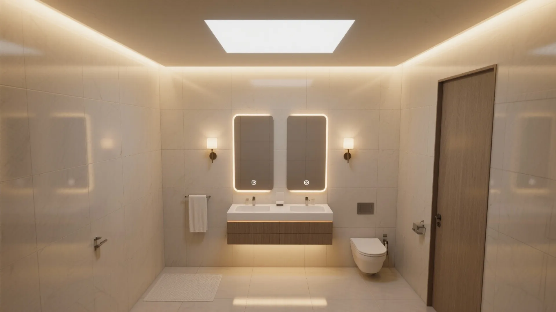 Top-down square bathroom render showing ambient ceiling wash and warm vanity task sconces.