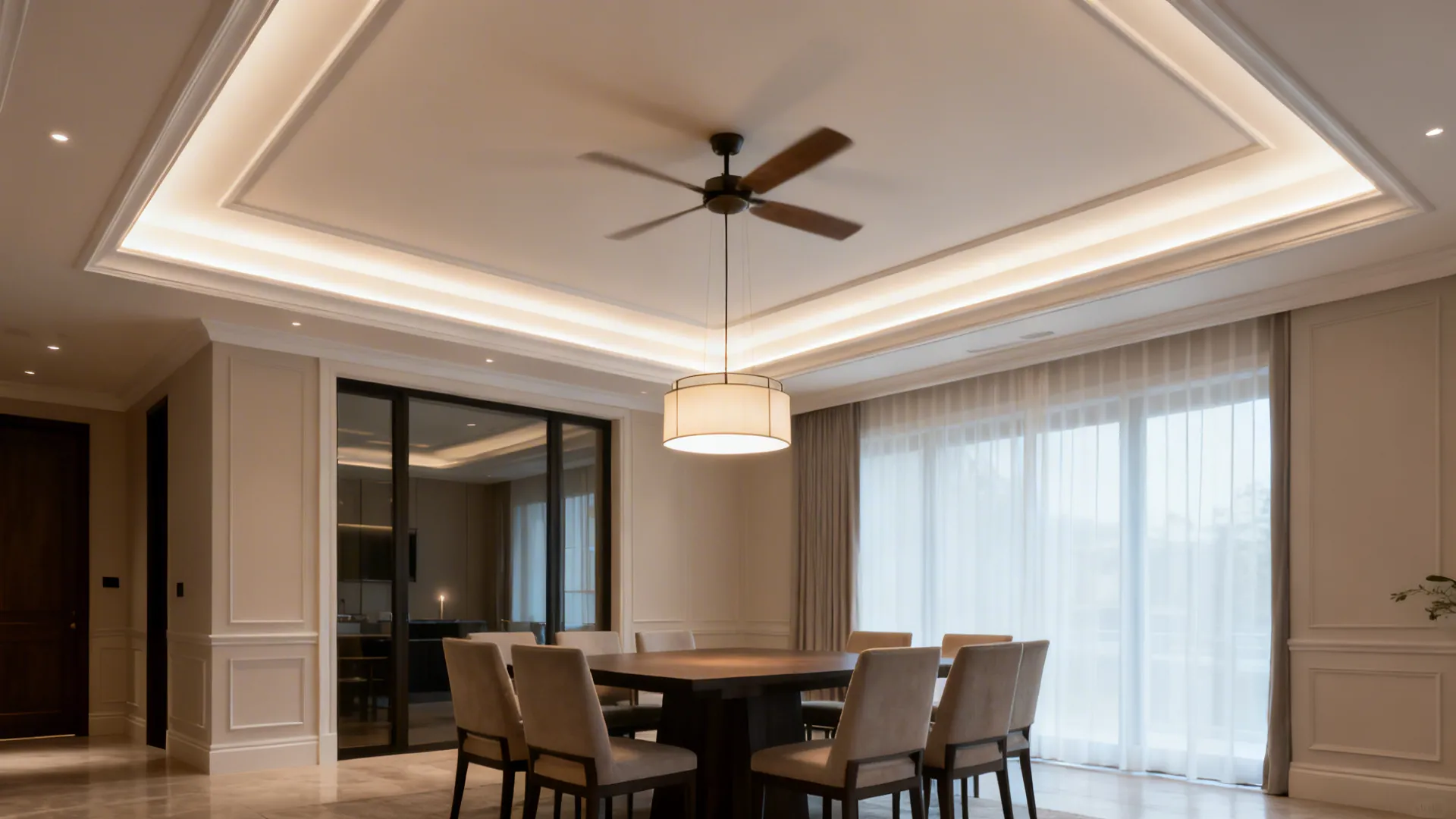 Dual-layer tray ceiling with a central fan and a soft LED perimeter wash in a modern dining room.