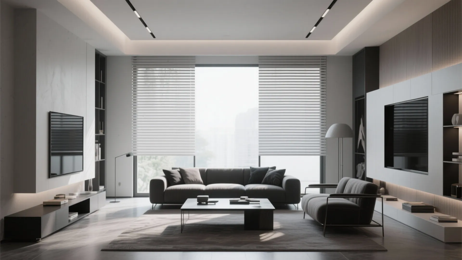 Modern living room with adjustable dual-layer zebra blinds