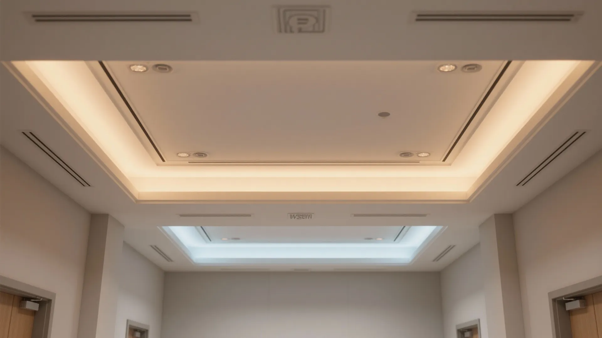 Modern ceiling with hidden light fixtures and air vents in a clean white office room