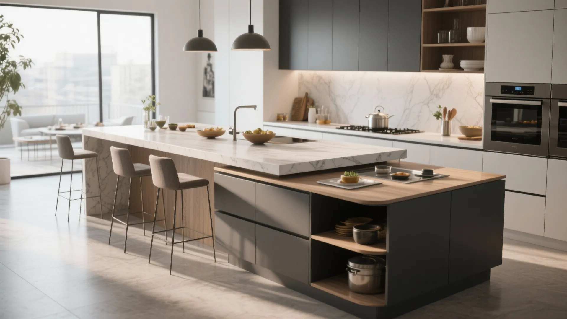 Dual-level kitchen island with separate dining and prep heights