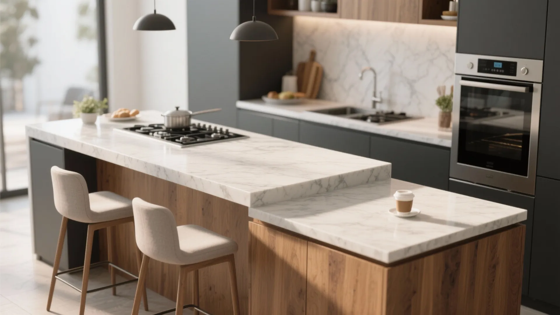 Modern kitchen featuring marble dual level island with wood cabinets two stools and black oven