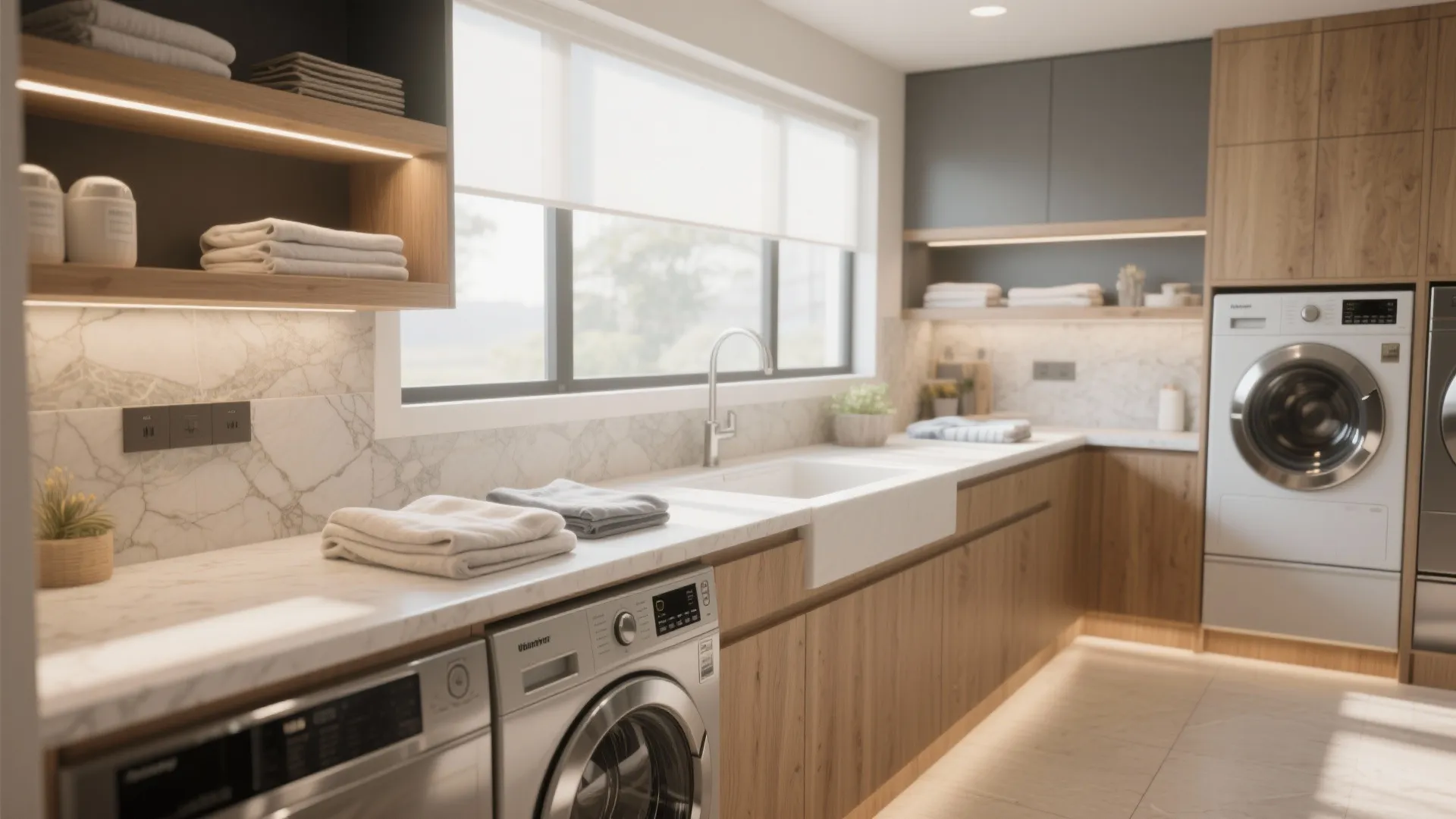 Long laundry room counter with marble top wooden cabinets white sink large window and washing machines
