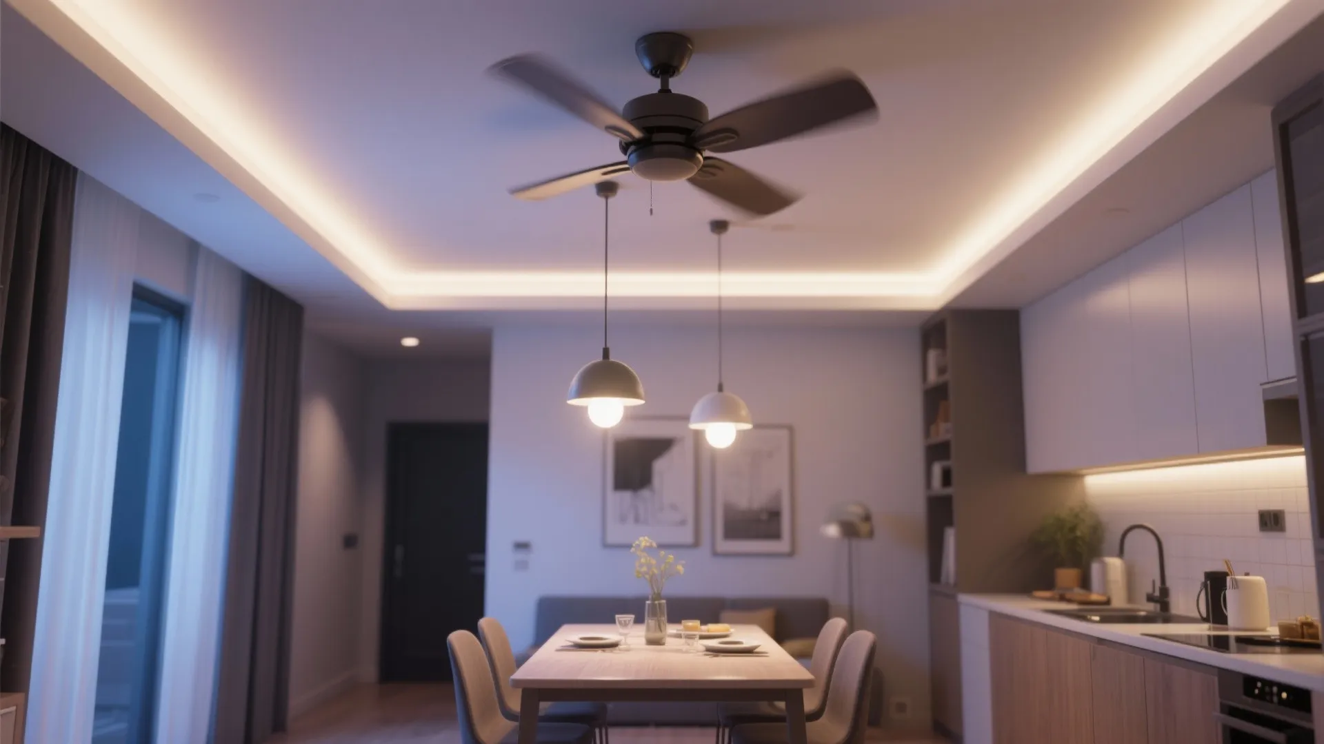 Modern open dining area with black ceiling fan hanging lights wooden table and grey chairs