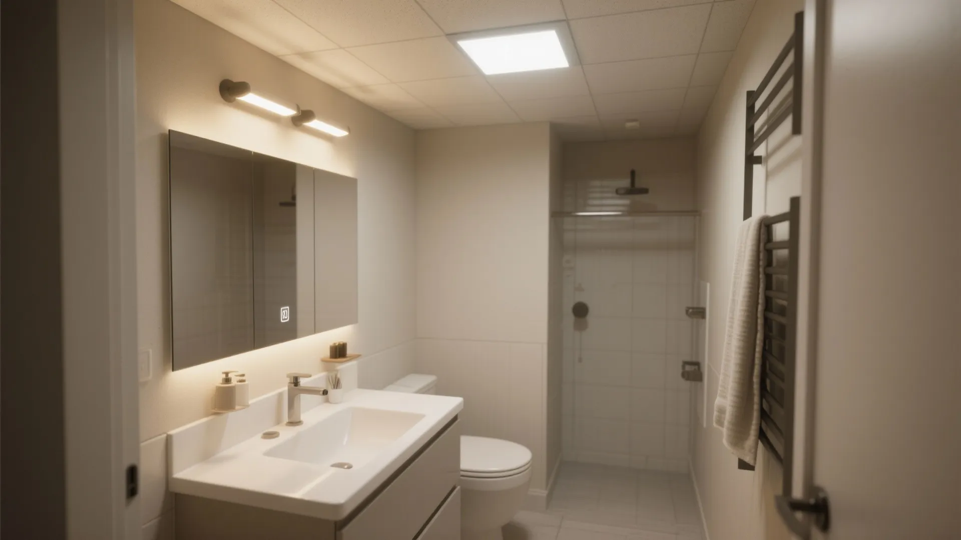 Small bathroom with white sink cabinet, mirror with wall light, square ceiling light, and shower