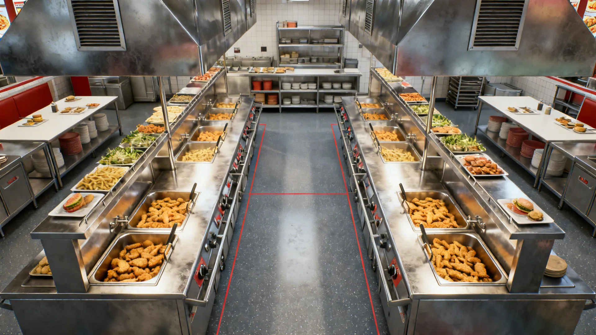 Top-down mirrored dual-line layout with split fryers and a clear center aisle.