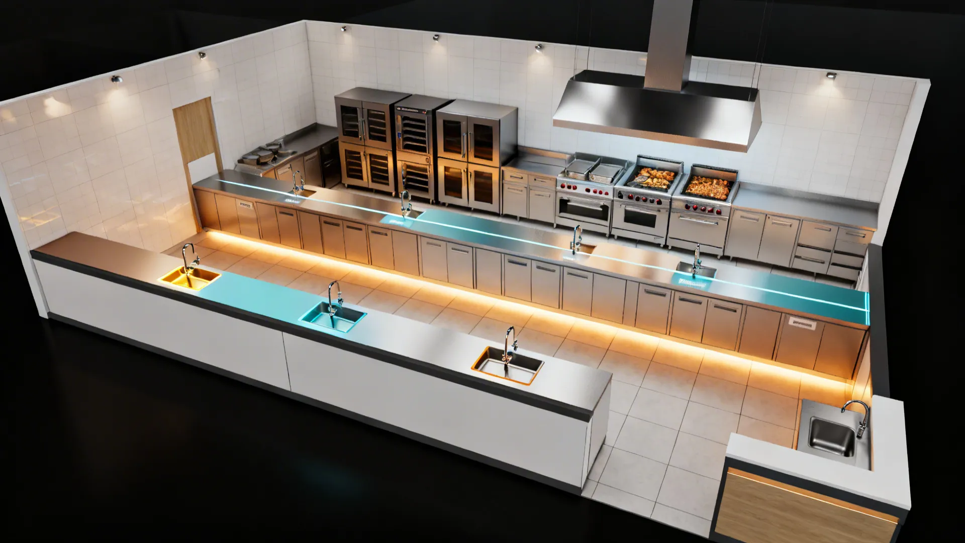 Top-down layout of a dual-line kitchen with parallel hot and service lines and clear aisles.