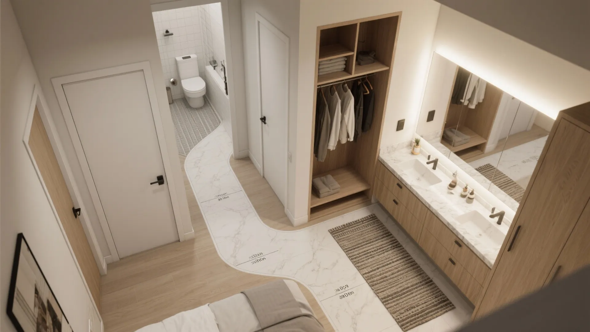 Dual-entry loop: bedroom → dressing → bath for morning efficiency