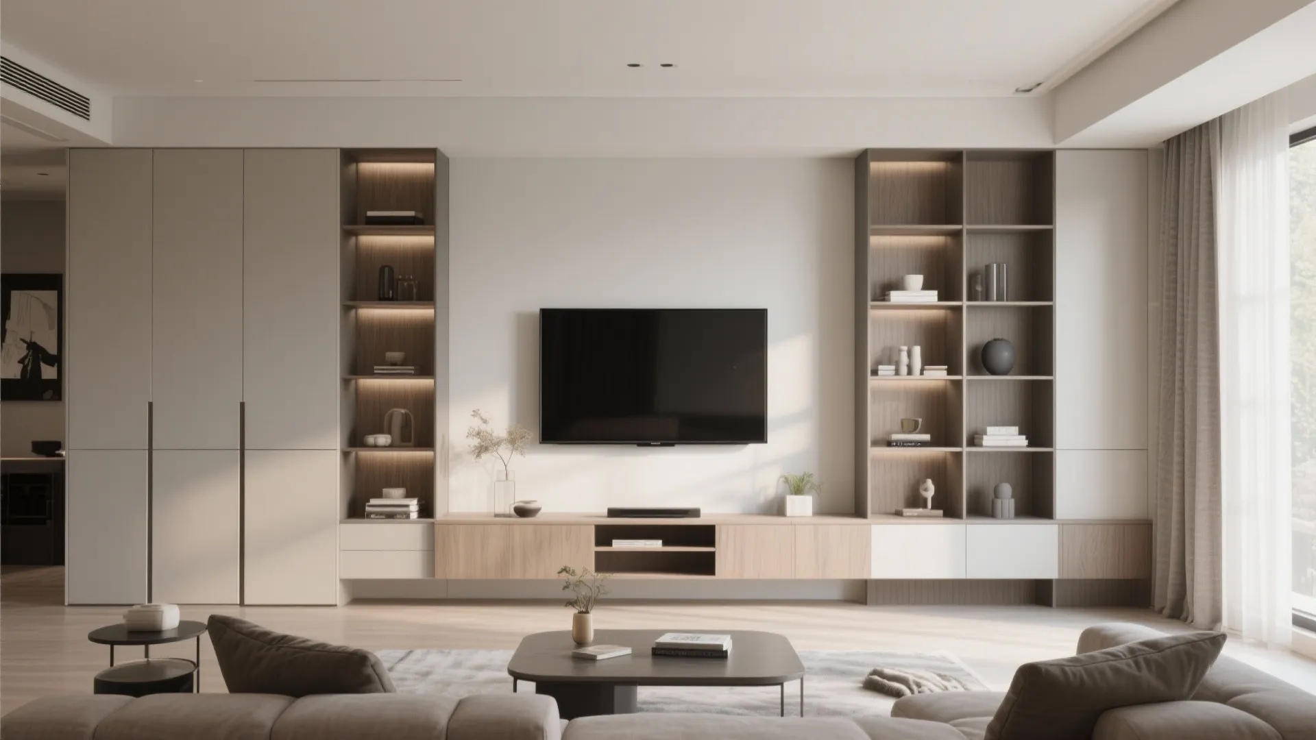 Modern living room wall with television, built-in wooden shelves, warm lighting, floating cabinet, and sofa