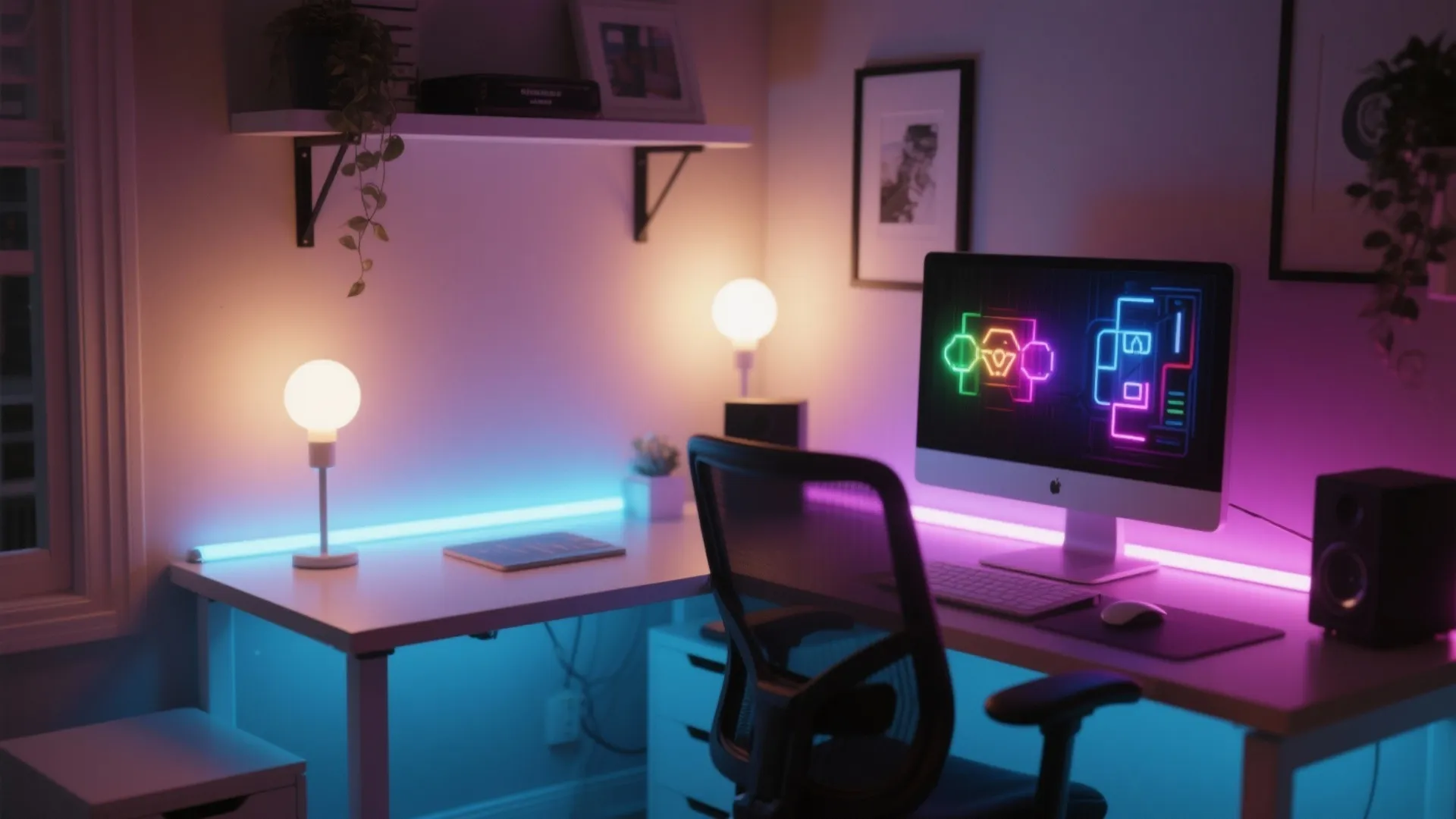 Desk with computer monitor and neon light strips showing two different warm and cool tones