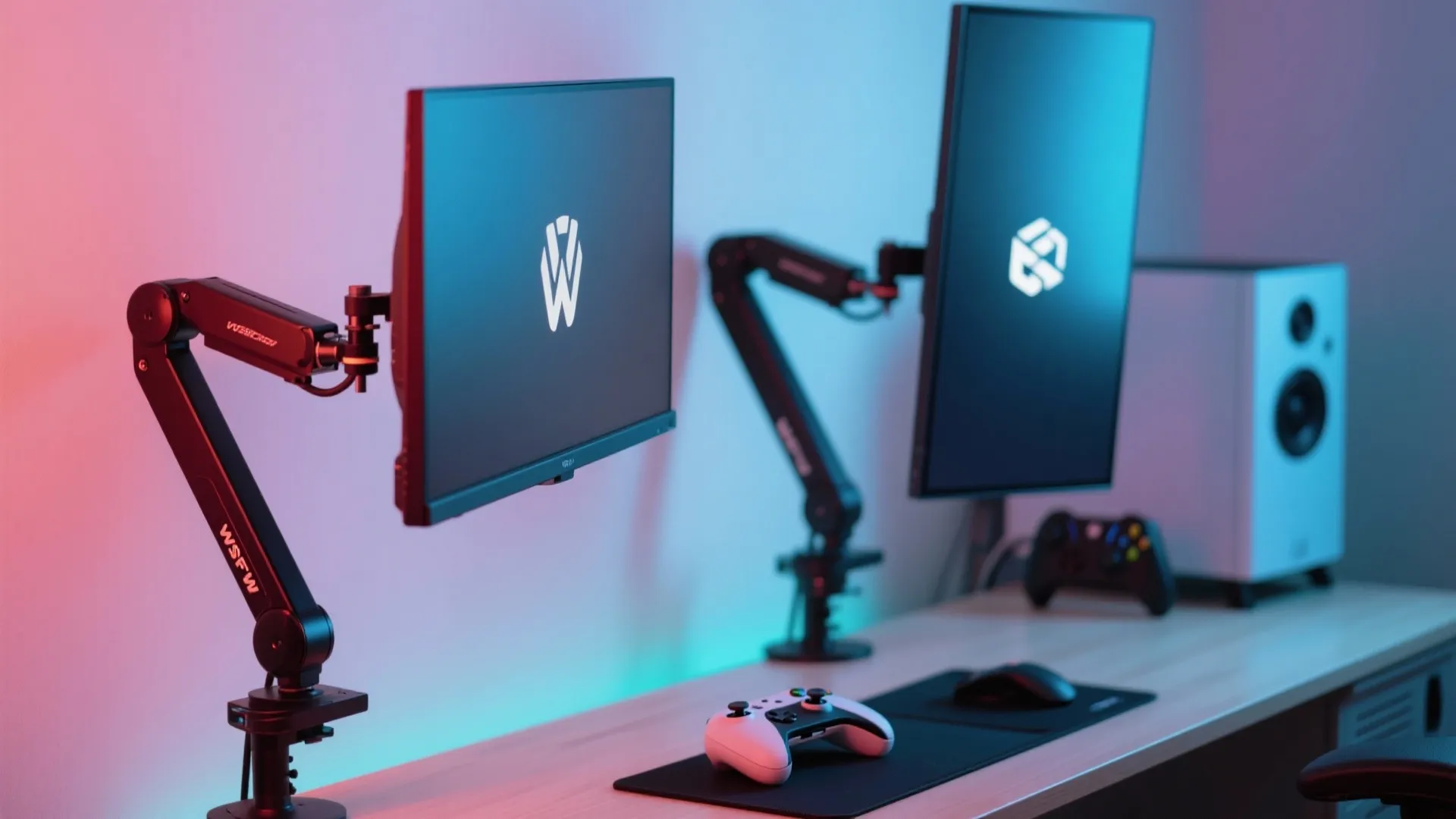 Two computer screens on black metal arms over a wooden desk with gaming mouse and controller