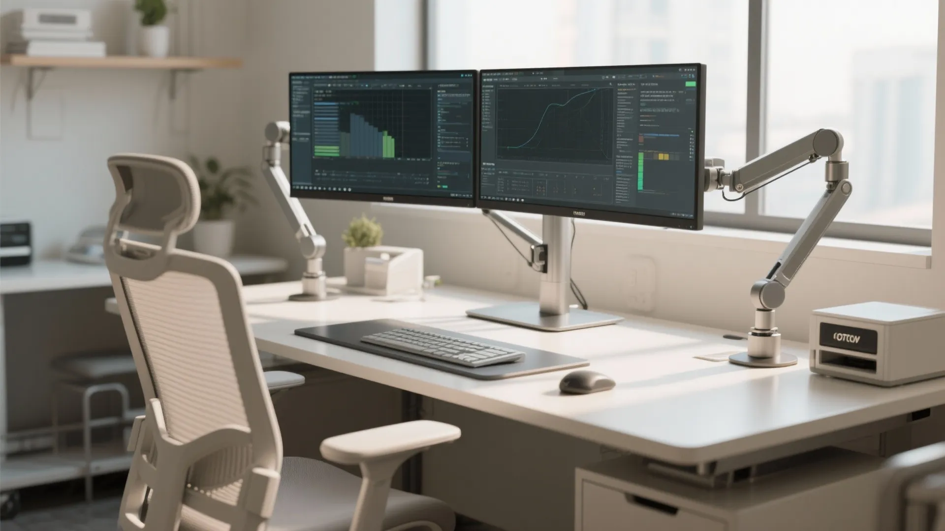 2. Dual Monitor Setup with Ergonomic Arms