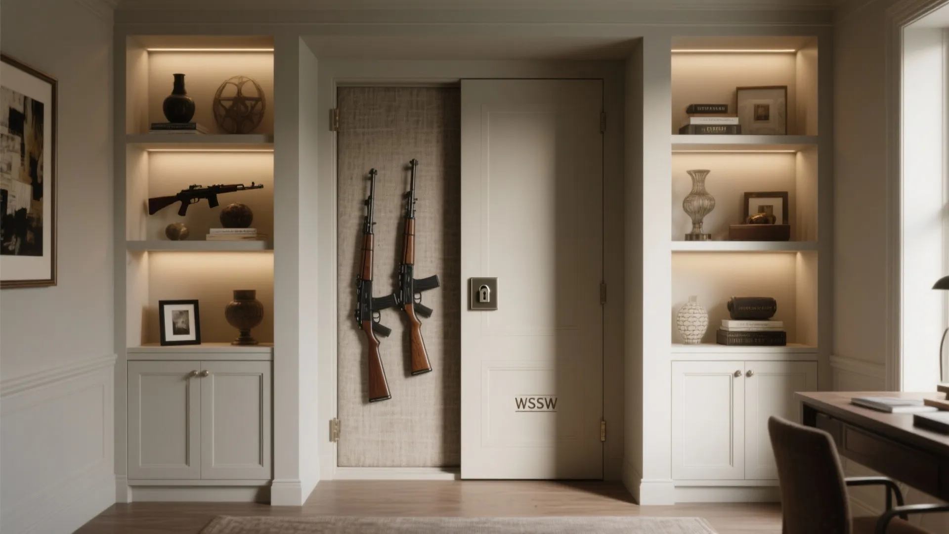 Hidden wall storage behind sliding white door between two symmetrical white cabinets with warm interior lighting