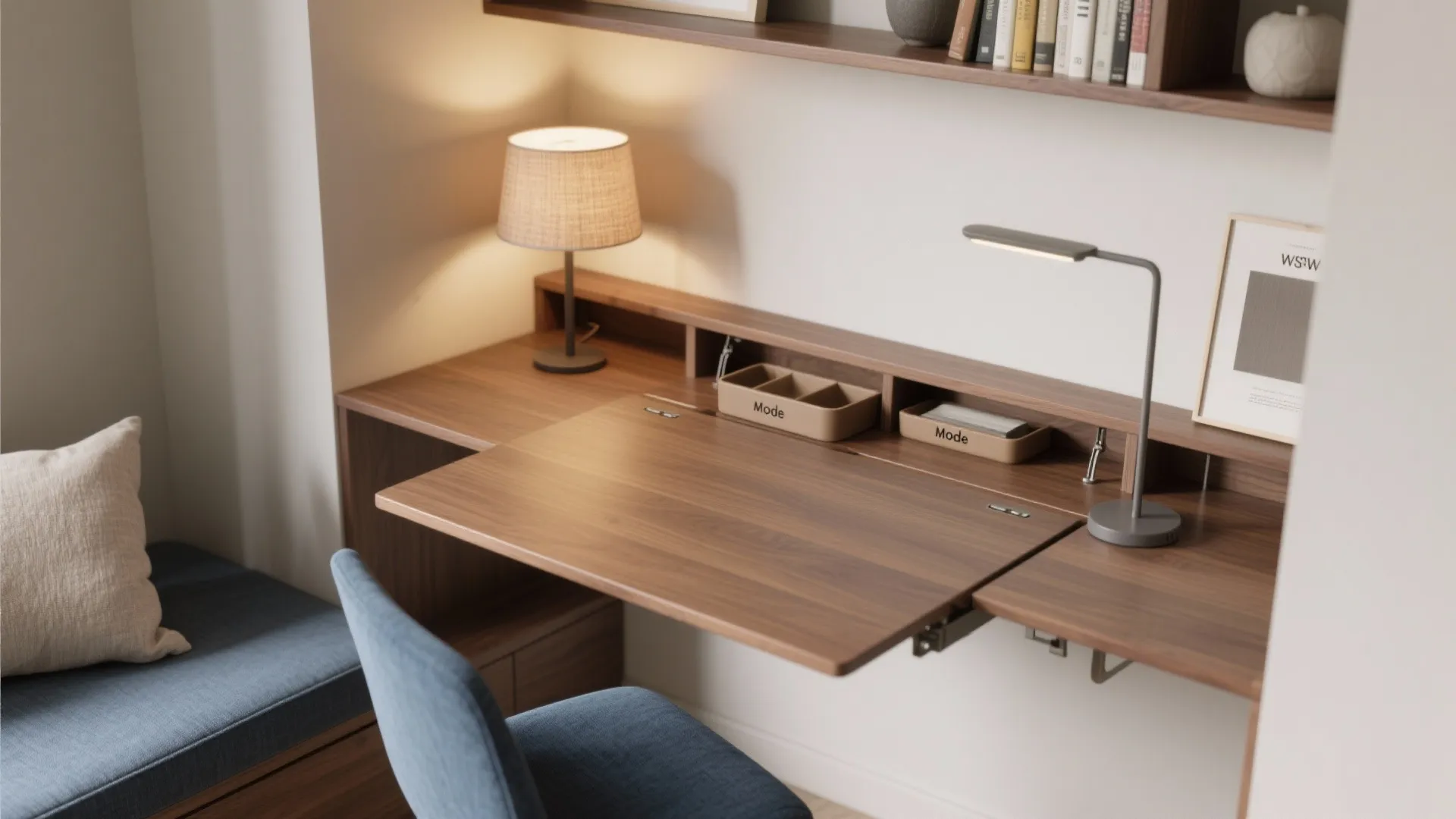 Wooden wall desk with a folding table top grey desk lamp and blue office chair