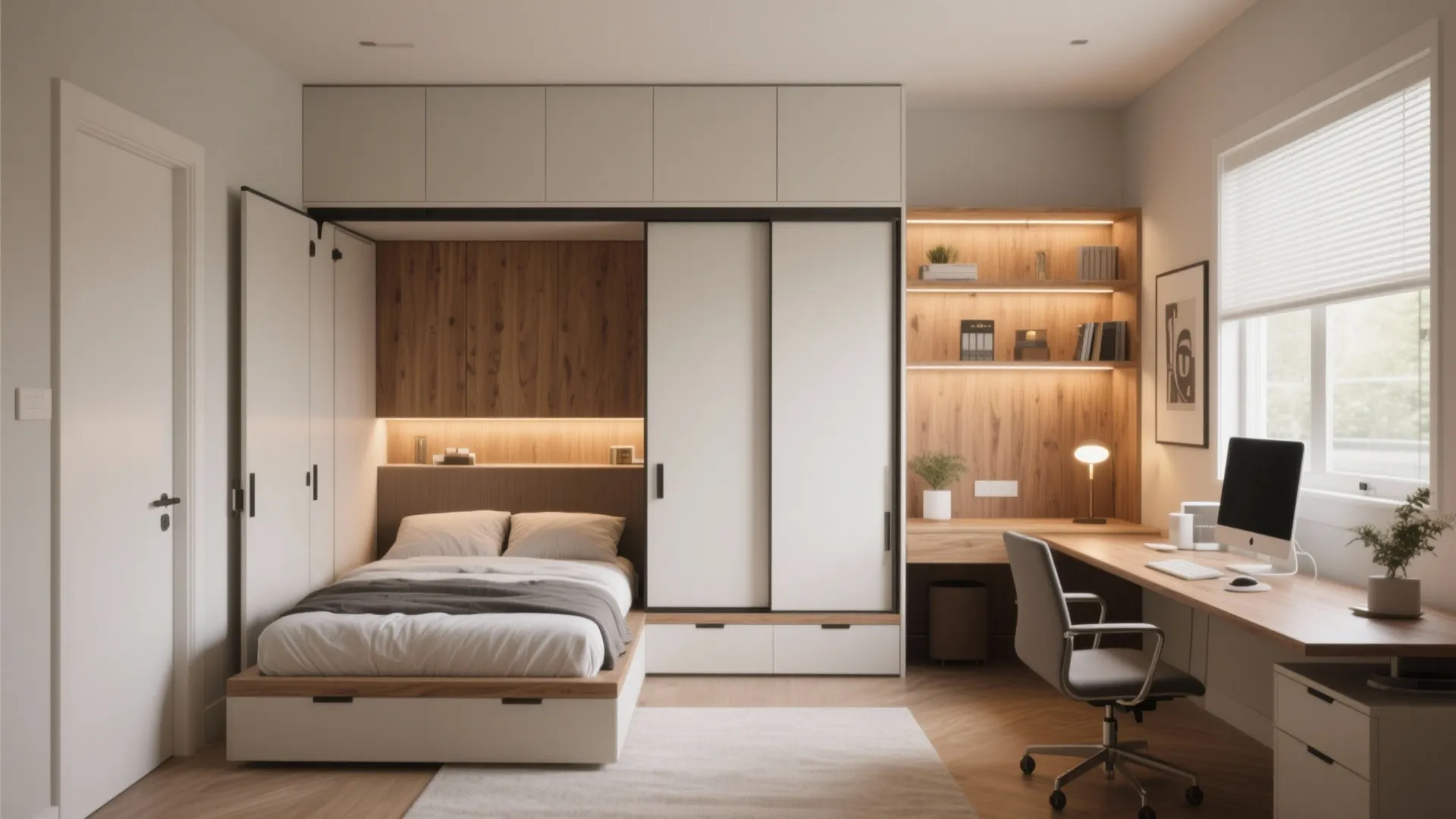 Small guest bedroom and home office with a white bed wooden desk chair and wall shelves