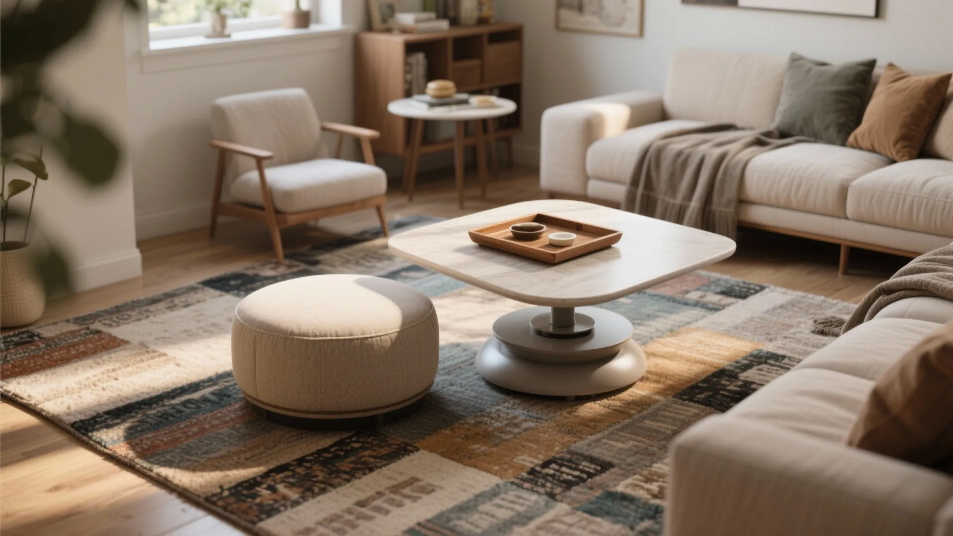 Low-profile swivel ottoman doubling as seating and a table with a tray in a flexible small living area.