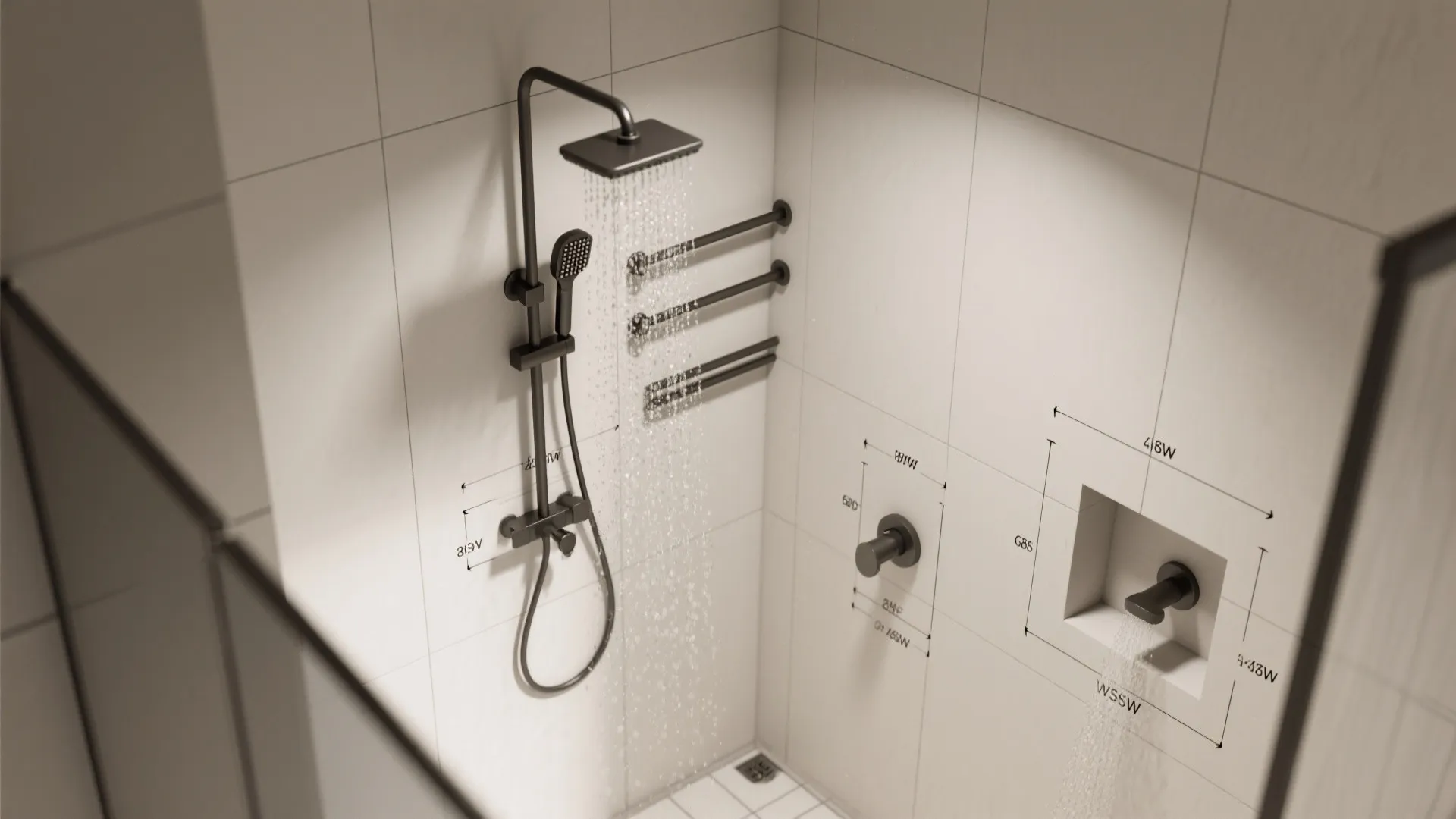 Top-down layout visualization for a dual-outlet shower showing proportional placement of head, rail, mixer, and niche.