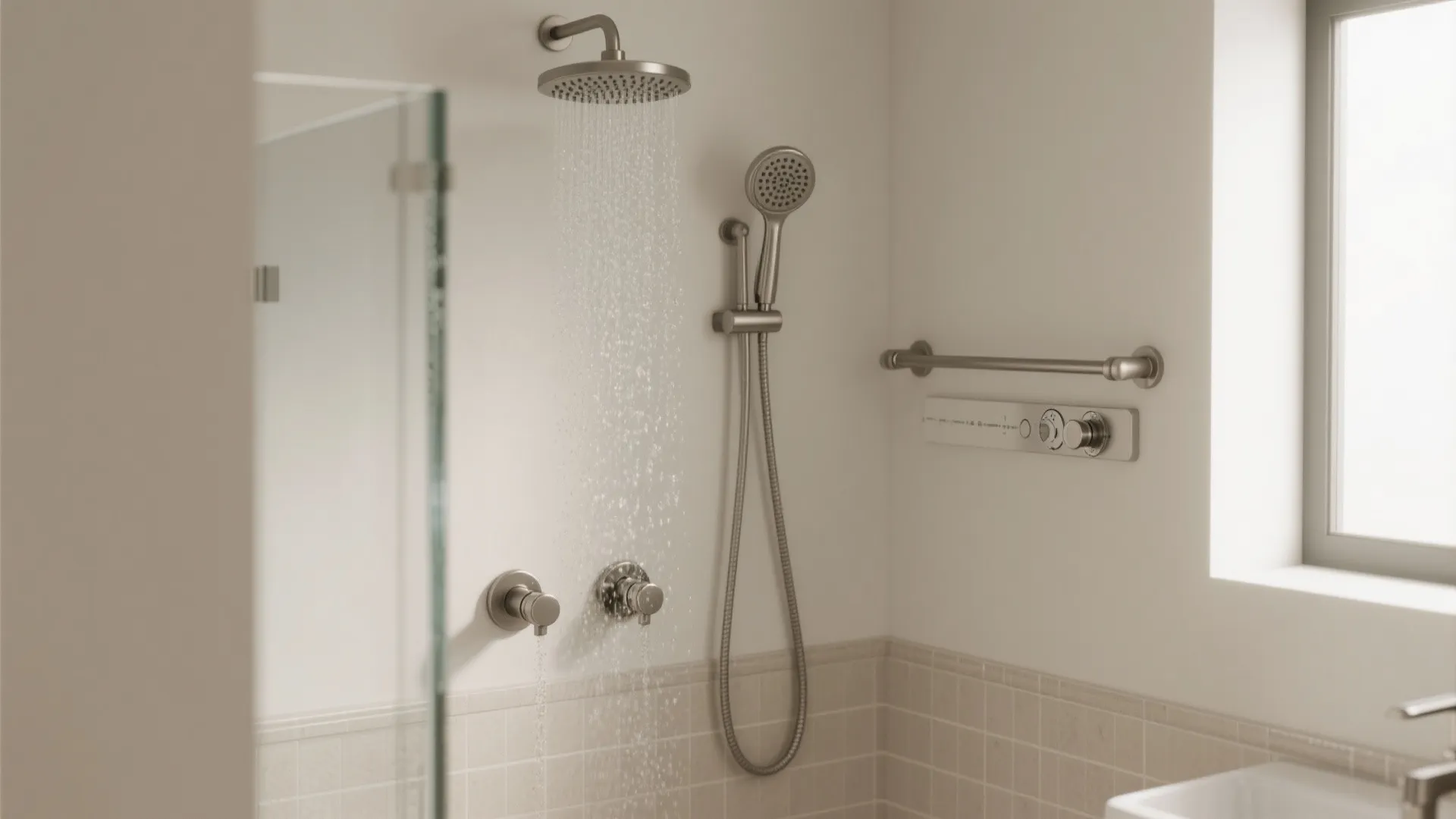 Compact shower with thermostatic dual-outlet system featuring rainfall head and adjustable hand shower on a rail.