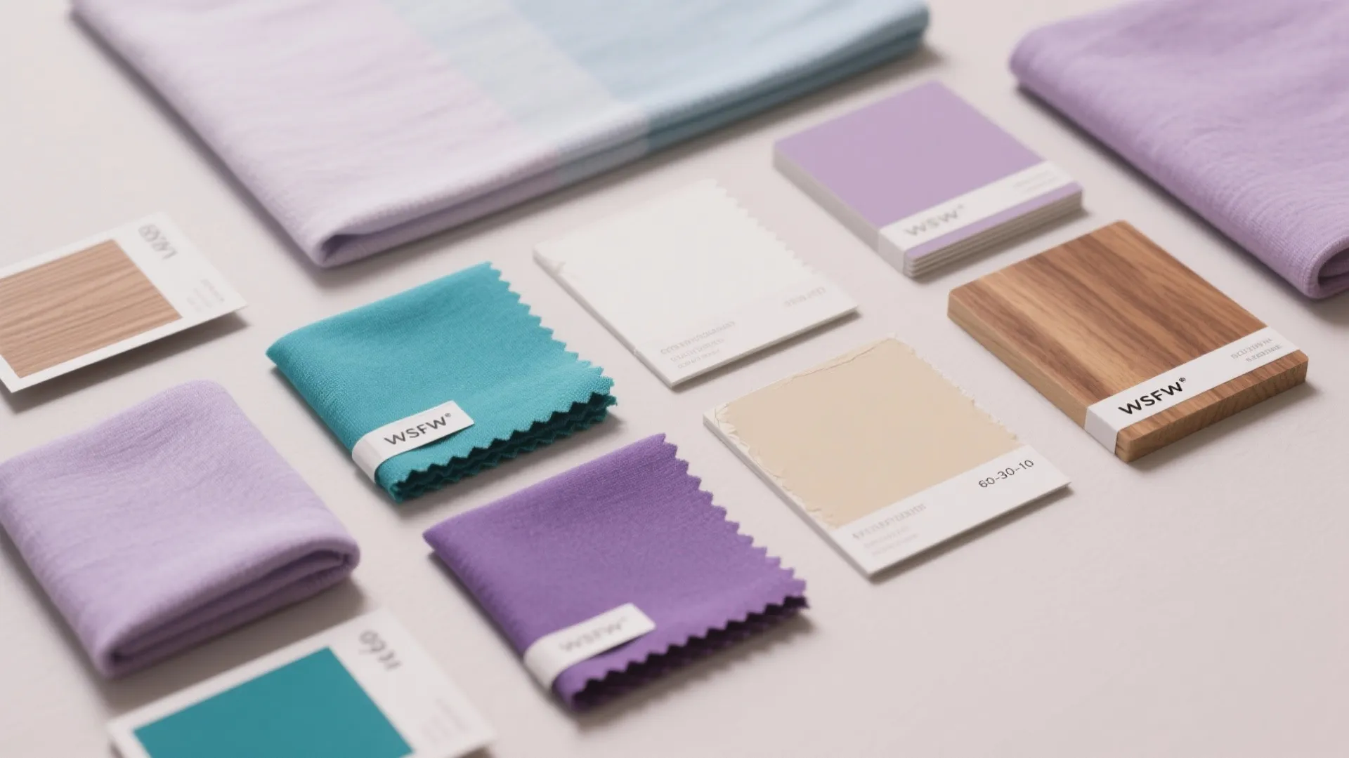 Interior design color palette with purple fabric swatches teal material samples and light wood tiles