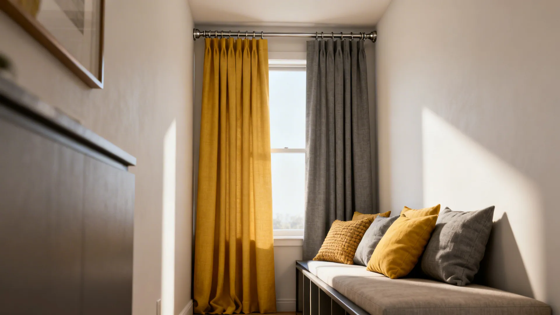Narrow living room window with one yellow panel and one grey panel on the same track creating asymmetry.