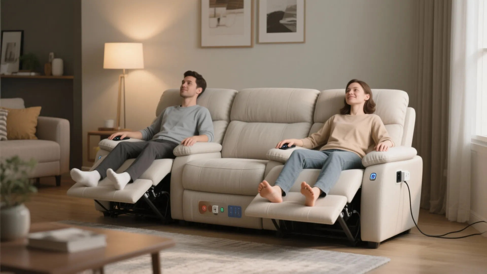 Dual-power compact loveseat with two independently reclined seats, controls, and discreet outlet routing.