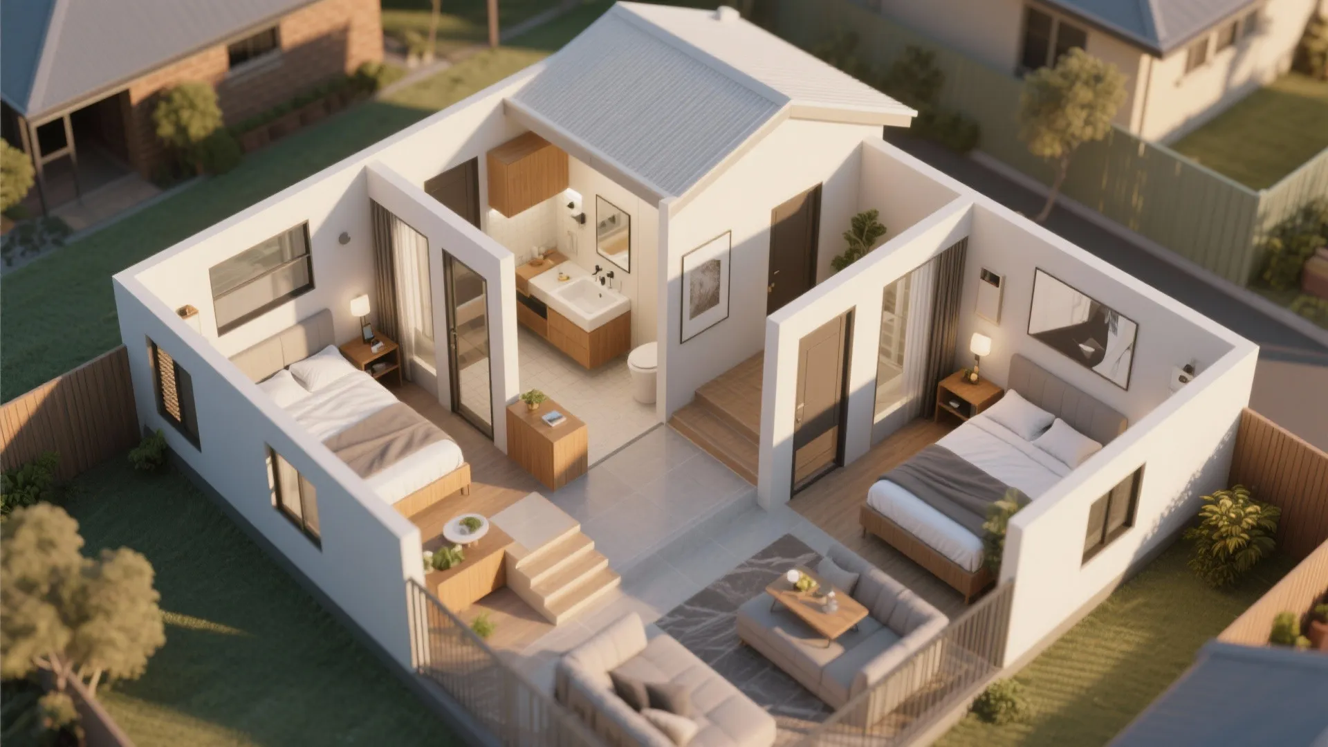 Granny flat layout with bedrooms on opposite sides of a central living area.