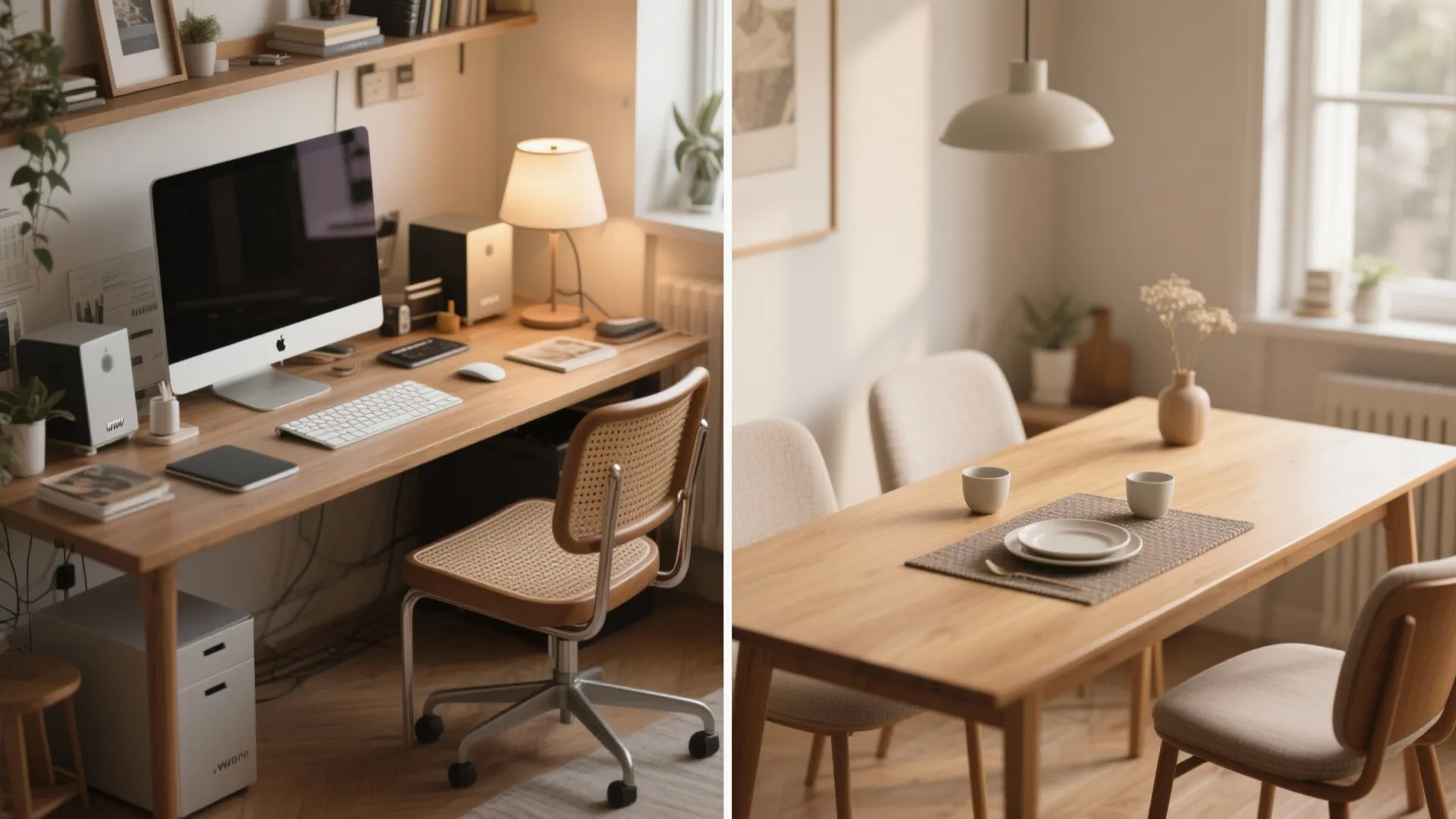 Split view showing a home office desk with computer and a wooden dining room table