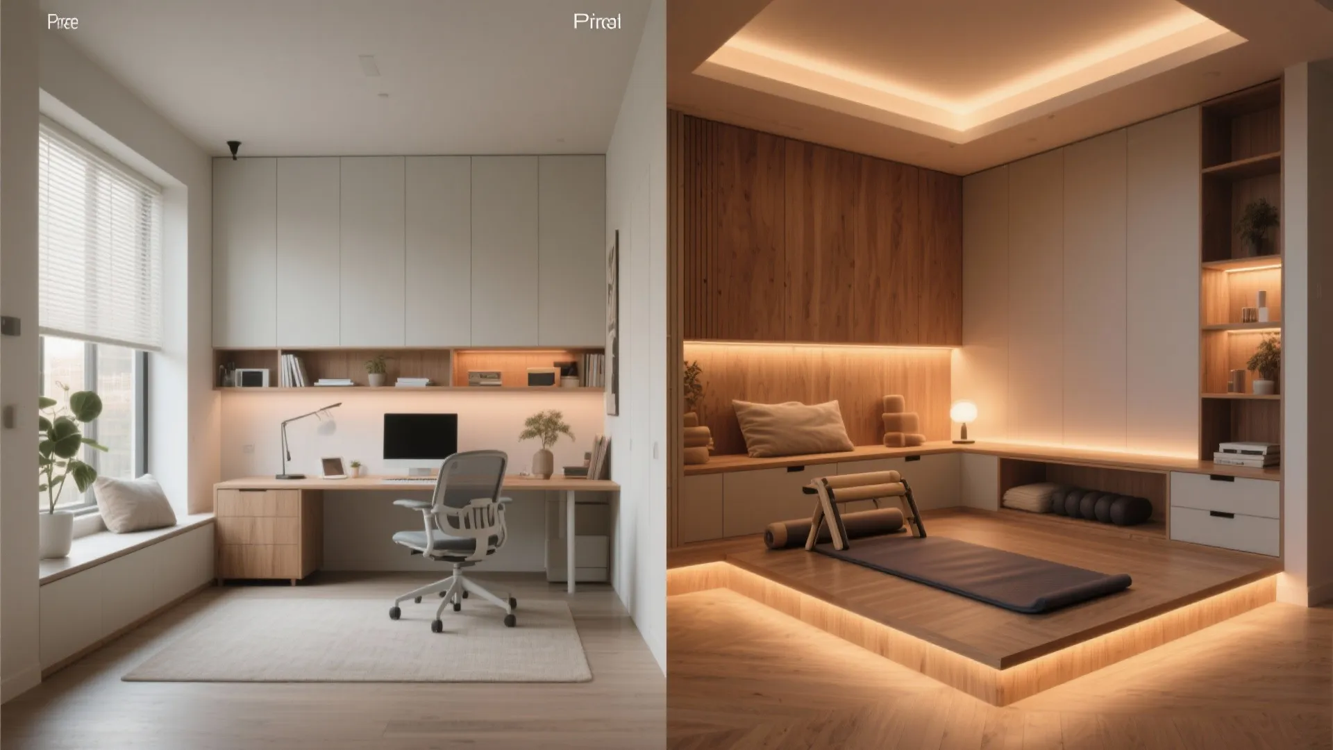 Side by side comparison of a home office workspace and a relaxing yoga studio room layout
