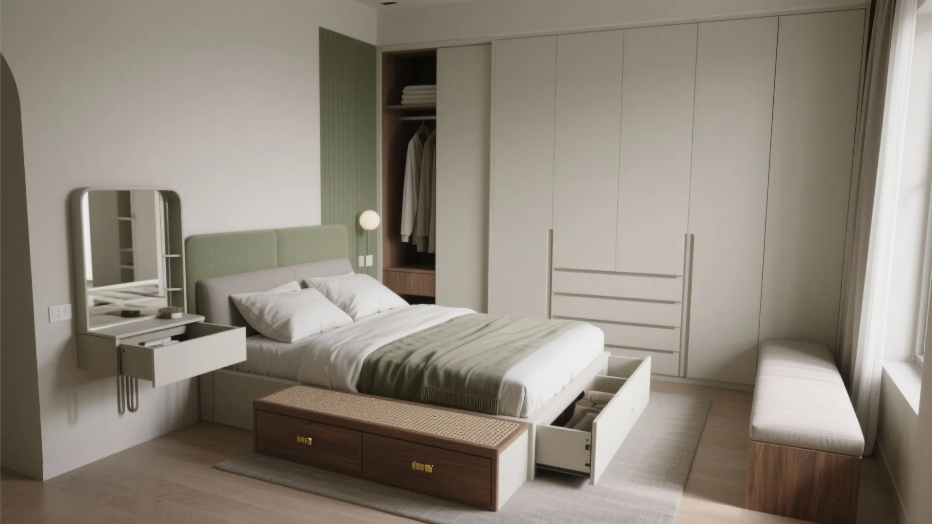 Minimalist bedroom with large white cabinet bed with storage drawers and a small dressing table