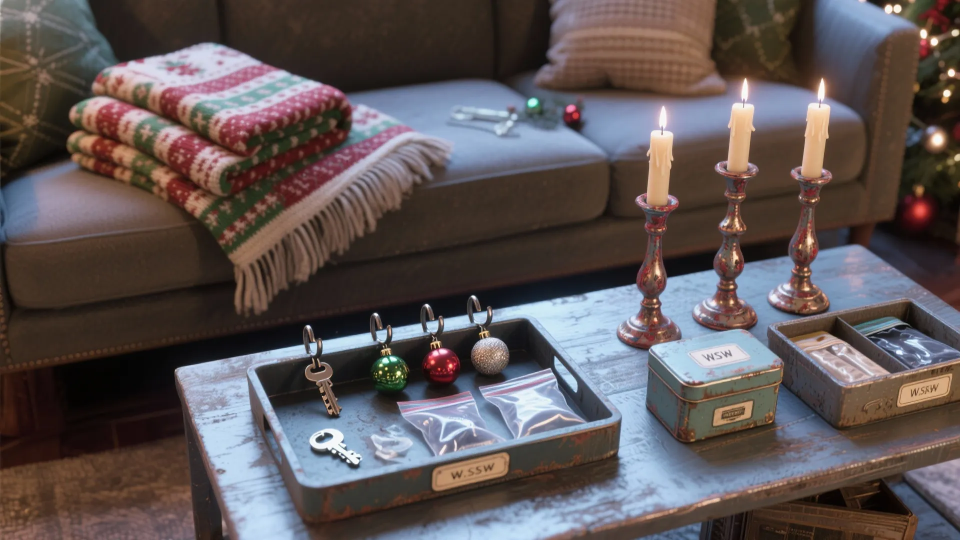 Coffee table with tray containing keys and small ornaments near lit candles on grey sofa