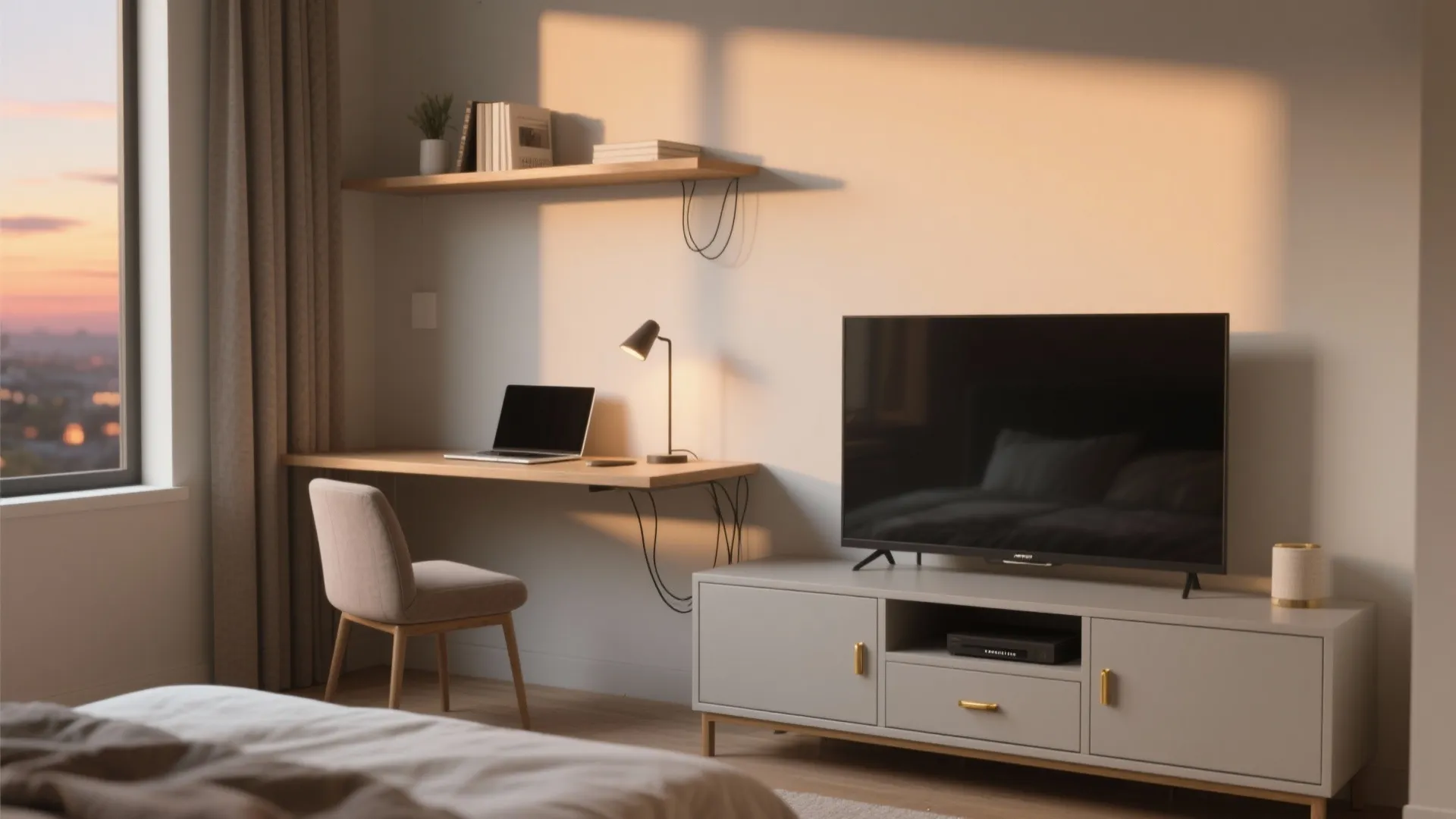 Bedroom workspace featuring wooden desk with laptop next to grey cabinet holding a large television