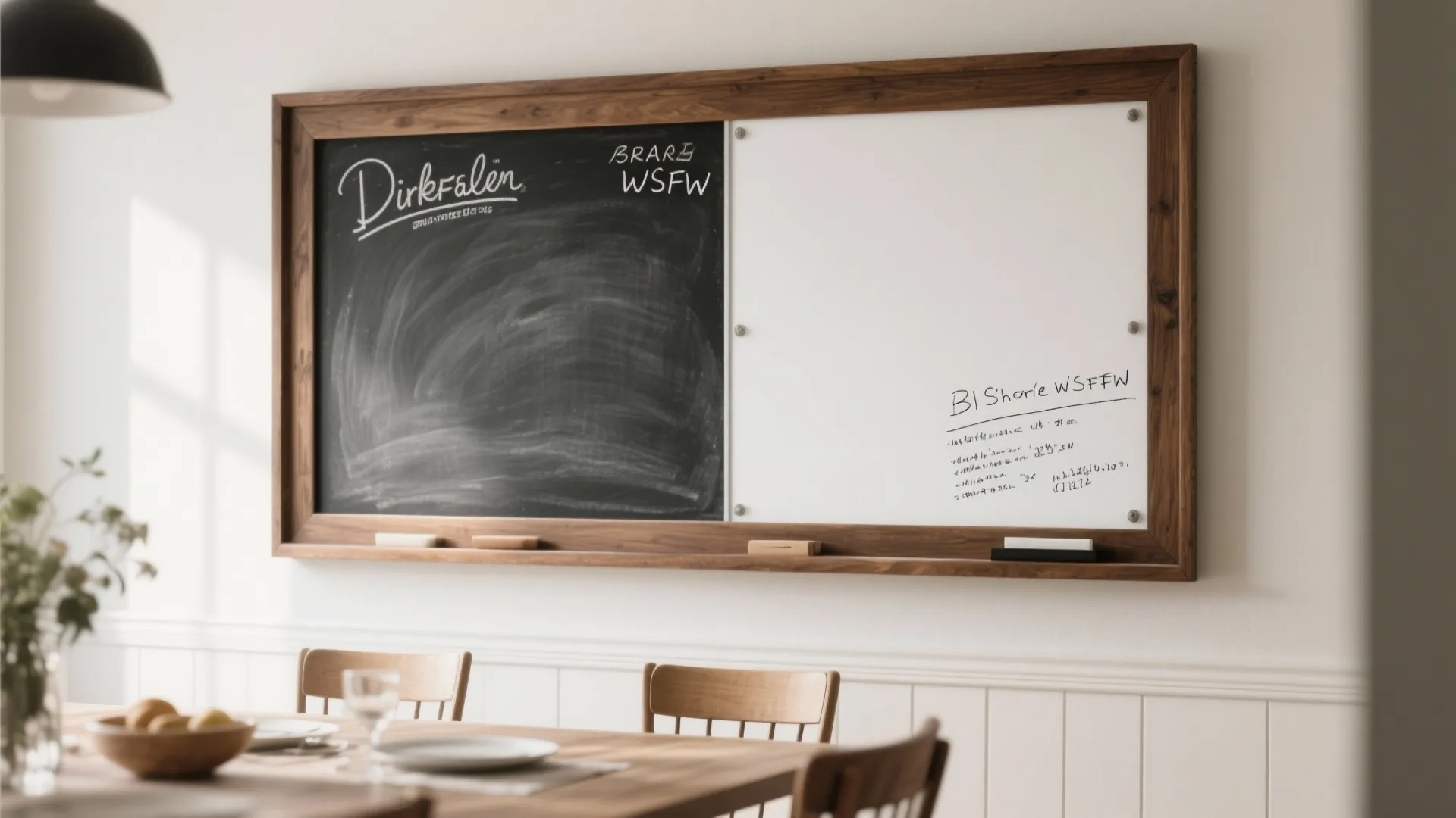 Large wooden framed board with chalkboard and whiteboard sections mounted on a white dining wall