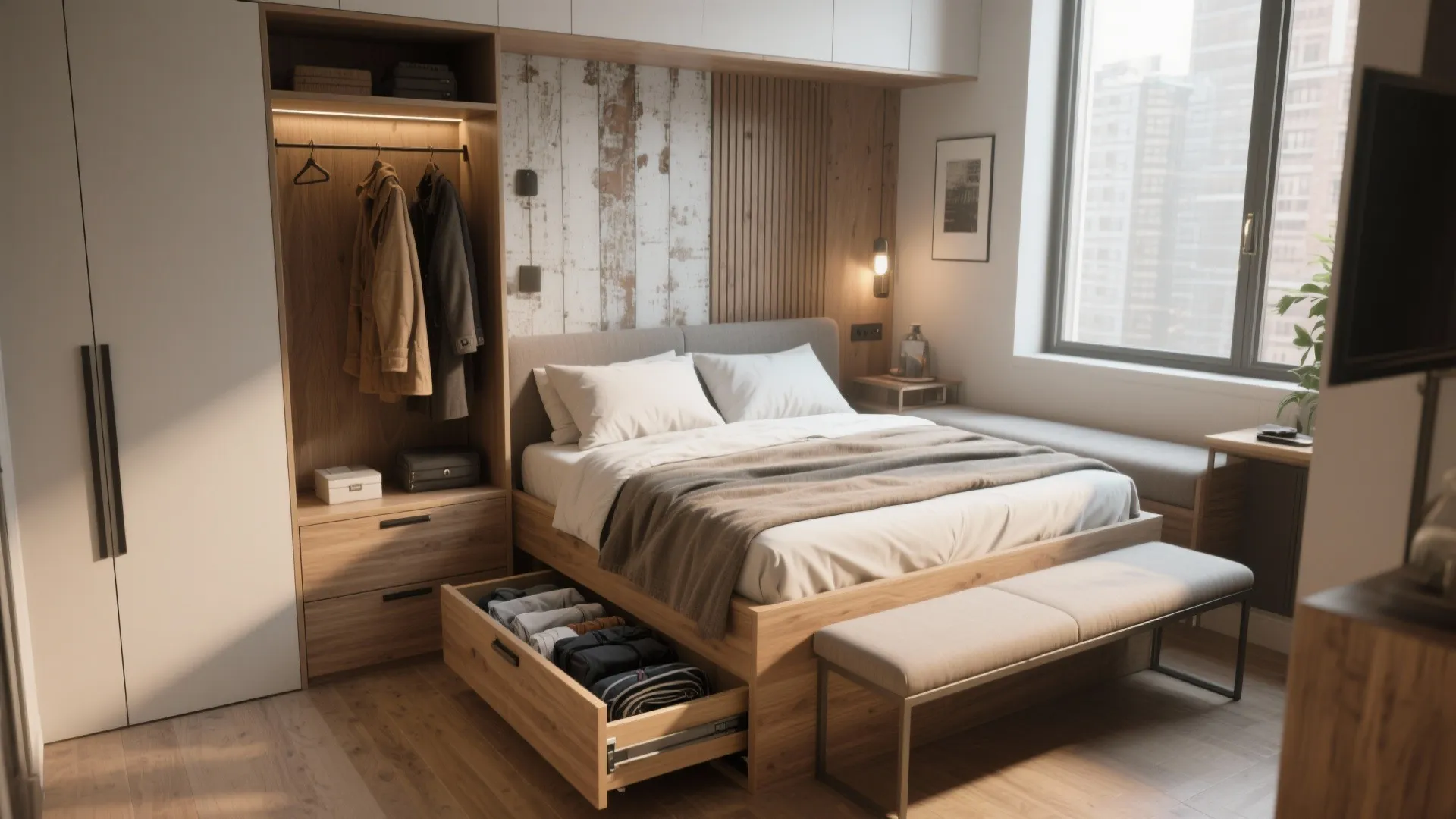Modern wooden bed with open storage drawer full of clothes near a large white cabinet