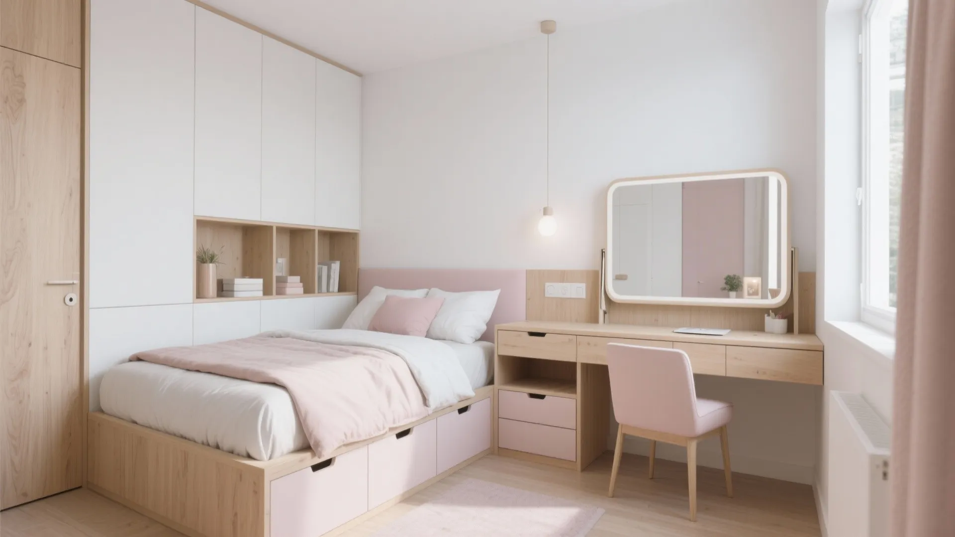 Modern pink and white bedroom featuring a wooden desk with mirror and built-in storage cabinets