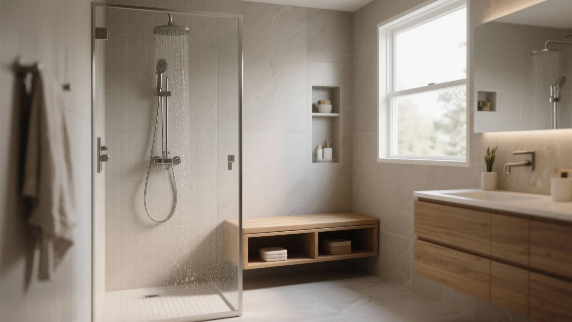 Neutral bathroom design with glass shower enclosure, wooden storage bench, vanity unit, and recessed wall