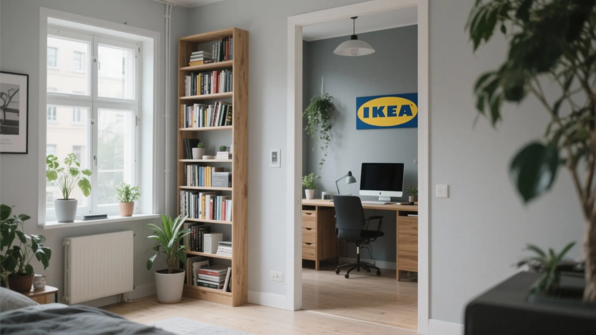 Studio apartment with a bookshelf used as a divider for a small office space