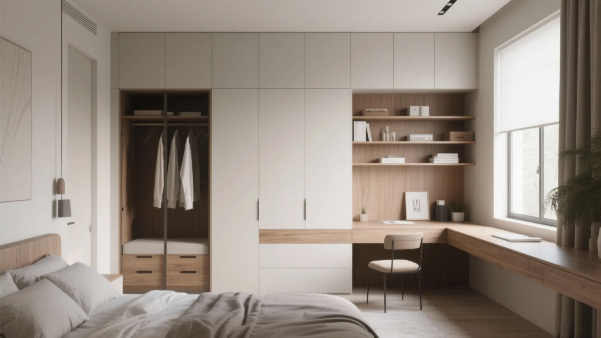 Built-in bedroom wall unit combining a white cabinet, open clothes storage, and a wooden desk