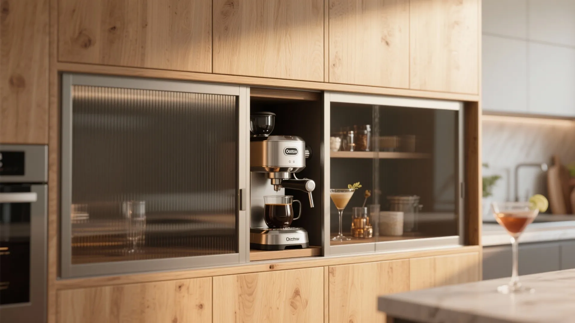 Dual-purpose kitchen cabinet with coffee and cocktail setup