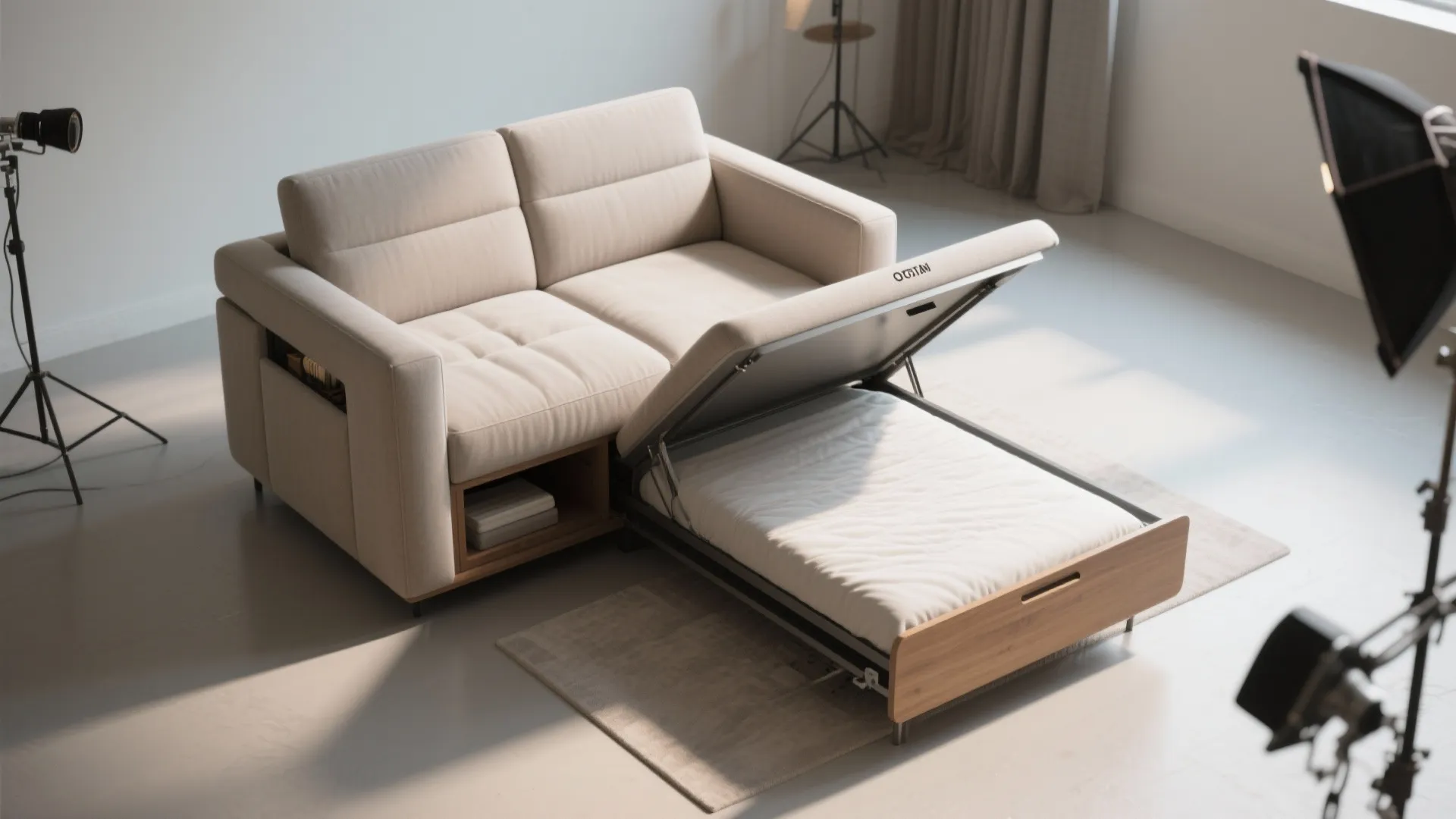 Beige sofa bed being opened to show the mattress inside in a white studio setting